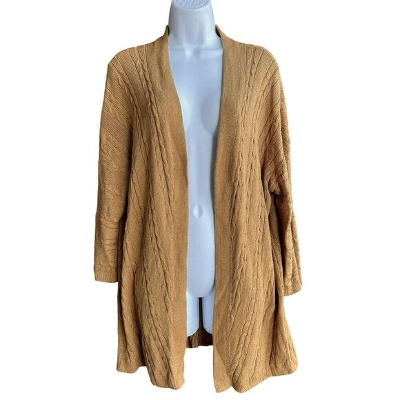 J JILL Cable Knit Cardigan Size M Mustard Open Front Long Sleeve Sweater - Picture 1 of 3